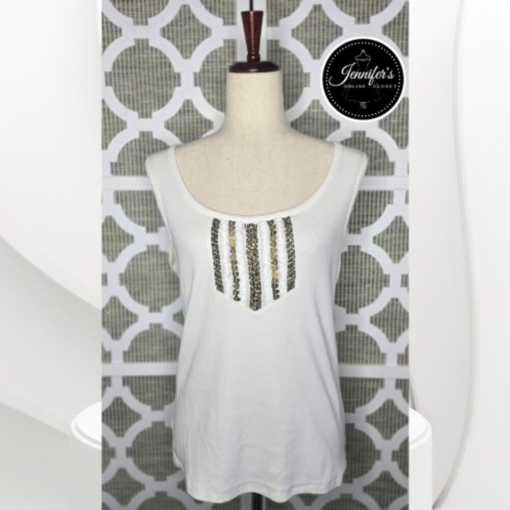 3/$30 Chico's White Ribbed Fringe Beaded and Sequin Detail Tank Top Size 2=L/12
